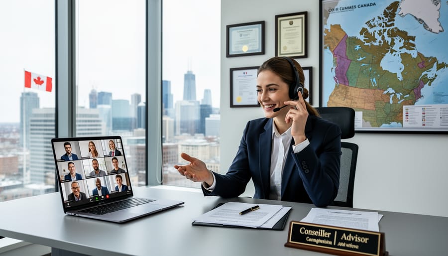 Business professionals conversing in French during office meeting in bilingual Canadian workplace
