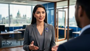 Confident professional woman speaking with a colleague in a modern glass-walled office, wearing a small fleur-de-lis pin, soft daylight, with a blurred Canadian city skyline and parliament-style silhouette visible through the windows and an open glass door in the background.