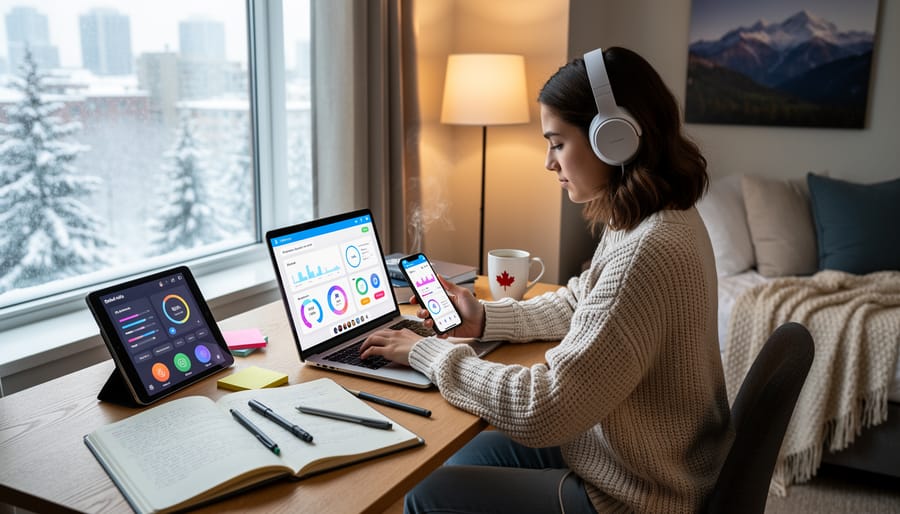 Canadian French learner using a smartphone and tablet with headphones in a study room.