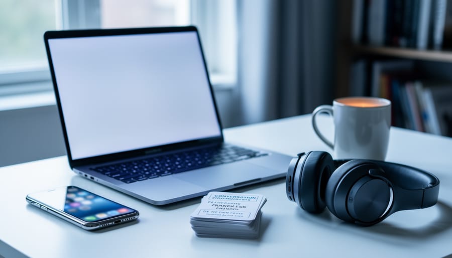Desk setup for learning French with a laptop, smartphone, conversation cards, and headphones in natural light