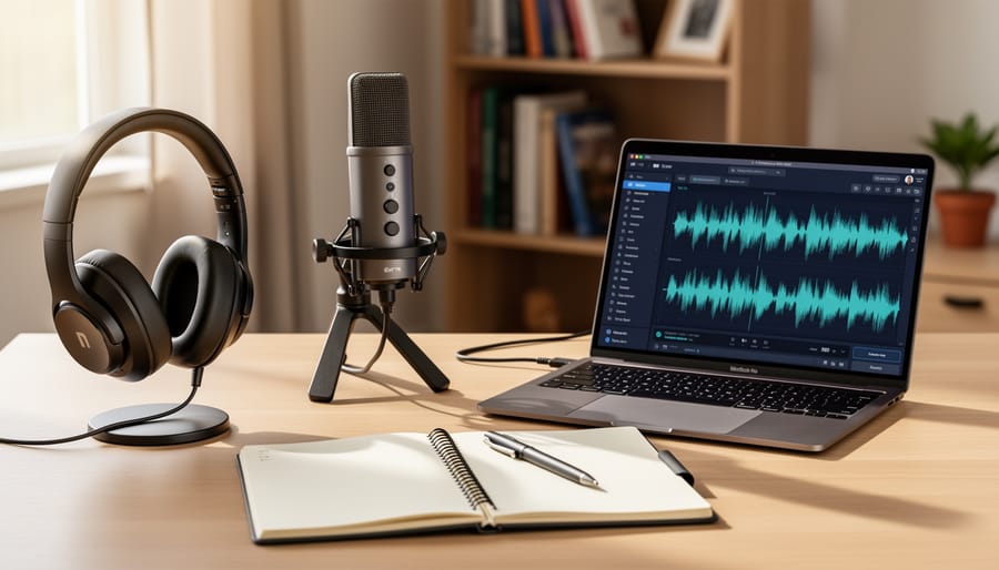 Headphones and microphone next to a laptop on a kitchen table for French pronunciation practice.