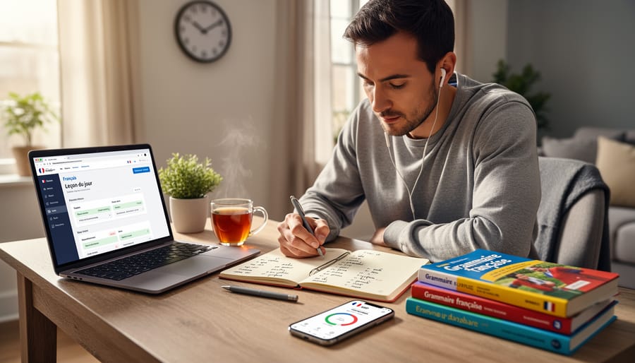 Canadian learner studying French at a kitchen table with a textbook and earbuds