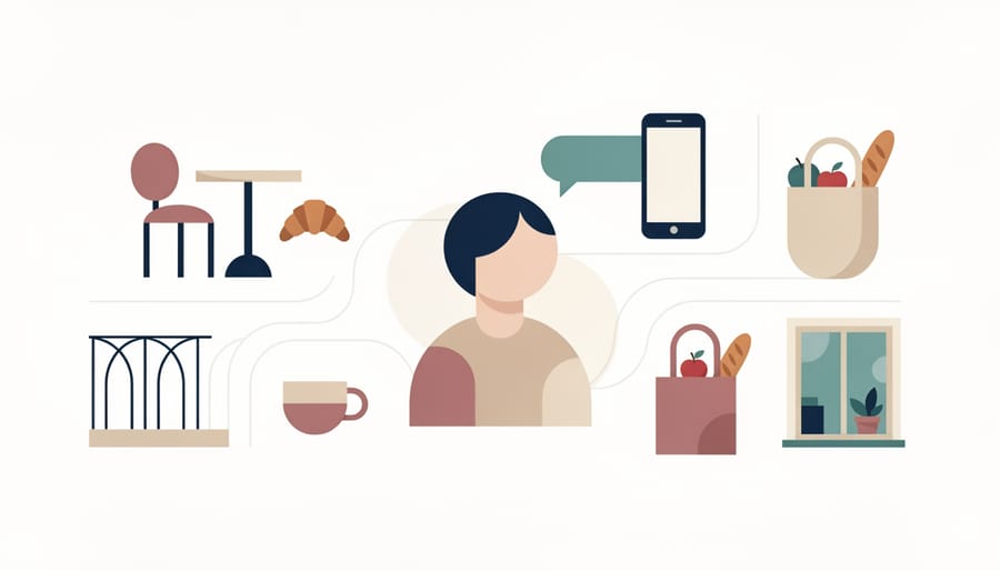Close-up of a hand arranging French cultural items like a croissant and coffee near a notebook