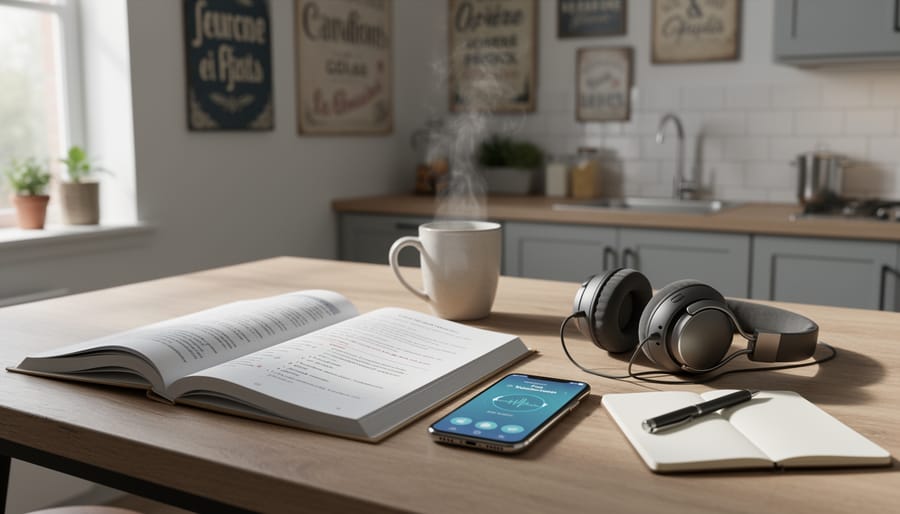 Canadian learner studying French with an open textbook, headphones, and a phone on a kitchen table under soft natural light.