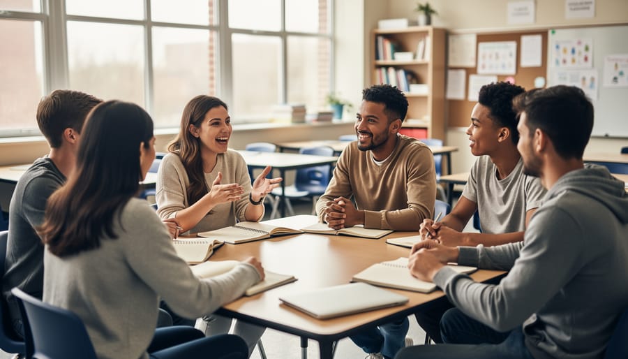 Small group of French learners practicing conversation around a table in a classroom