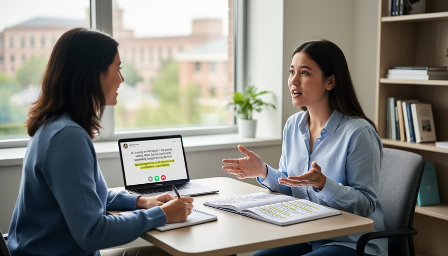 Student and French tutor in a quiet one-on-one learning setup with a microphone on the table