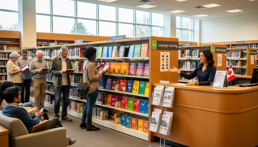 View of the entrance of a public library in Canada with shelves visible inside