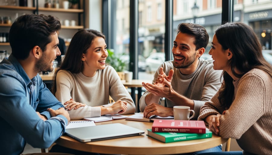 Group participating in a French conversation exchange in a community setting
