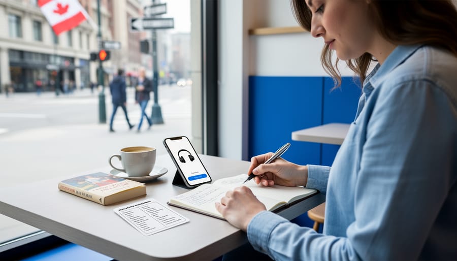 “A person studying French in a Canadian café with an open notebook and learning tools, photographed in soft daylight with a blurred city background.”