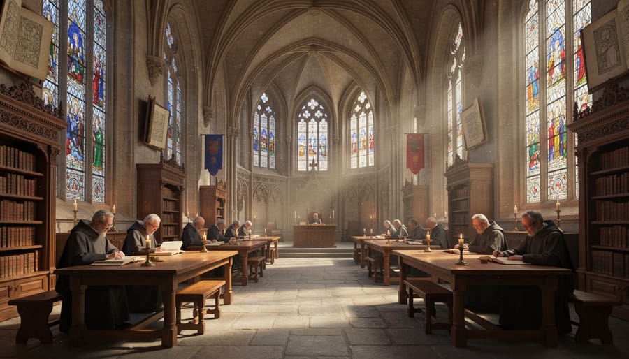 Students and teacher in a medieval-style cathedral learning hall with wooden desks and sunlight