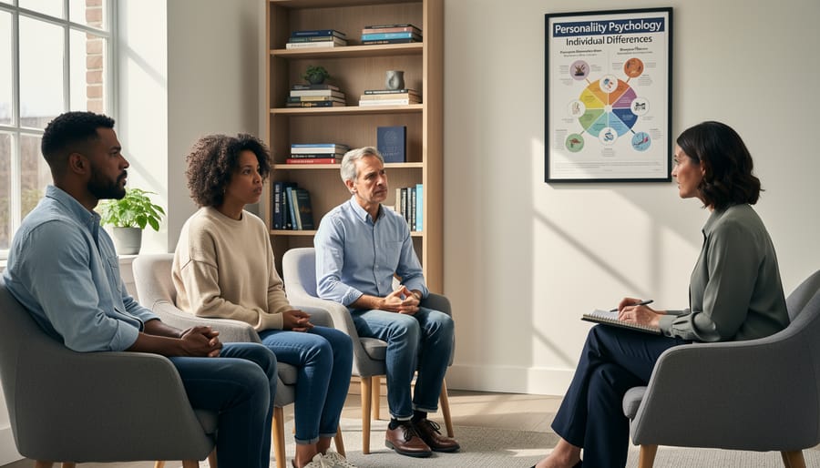 People sitting together in a counseling room, illustrating individual differences in personality.