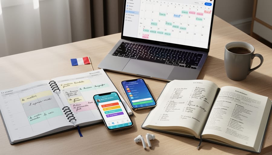 French learning materials on a desk next to a smartphone calendar and headphones