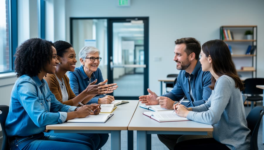 Learners in a French language school using semi-private group conversation and one-on-one tutoring with an instructor, illustrated with friendly classroom scenes.
