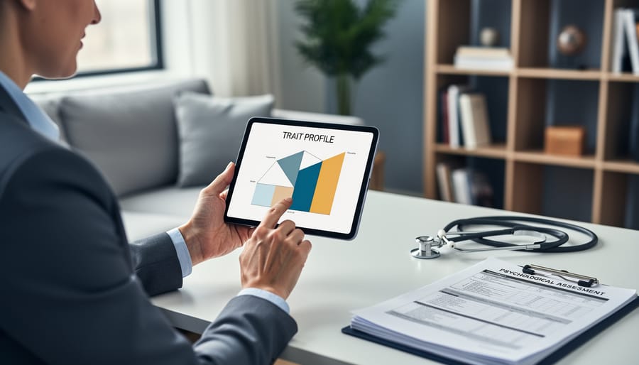Close-up of a psychology professional holding a tablet with an unlabeled trait-profile graphic, with clinical assessment materials on a desk in a modern office.