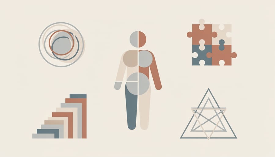 Overhead view of symbolic objects, watch, chess piece, stone, sprouting plant, and ceramic figure, suggesting personality frameworks.