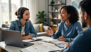 “Two learners study French online in a modern home setting—one speaking with a headset at a laptop and another in a small group discussion with shared materials.”
