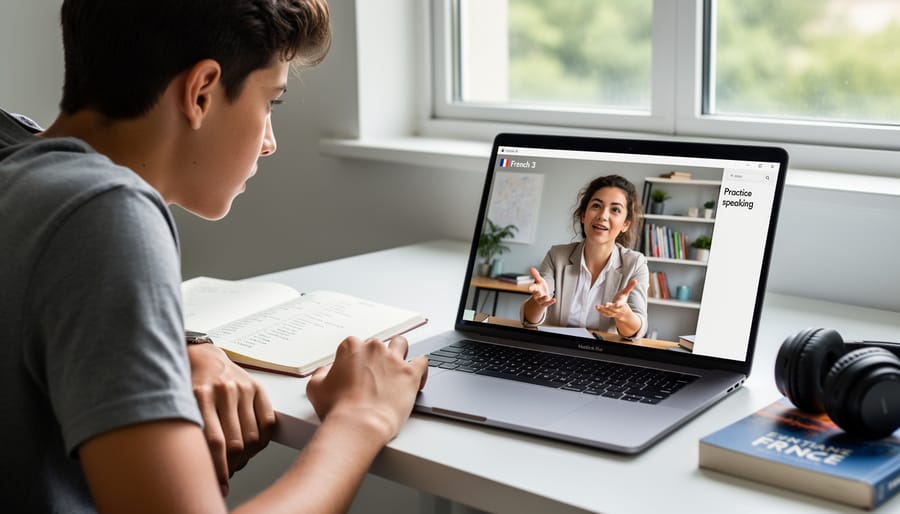 Student participating in a one-on-one French online lesson on a laptop with the teacher visible on a video call.