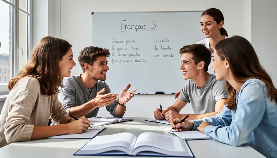 Three learners in a small online French group discussion visible on a screen.